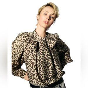 H&M Leopard Print Beige Blouse Balloon Raglan Sleeves Bow Tie Oversized, size M